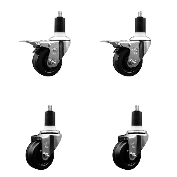 3'' Phenolic Swivel 1-1/2'' Expanding Stem Caster Set 2 Total Lock Brakes, 4PK